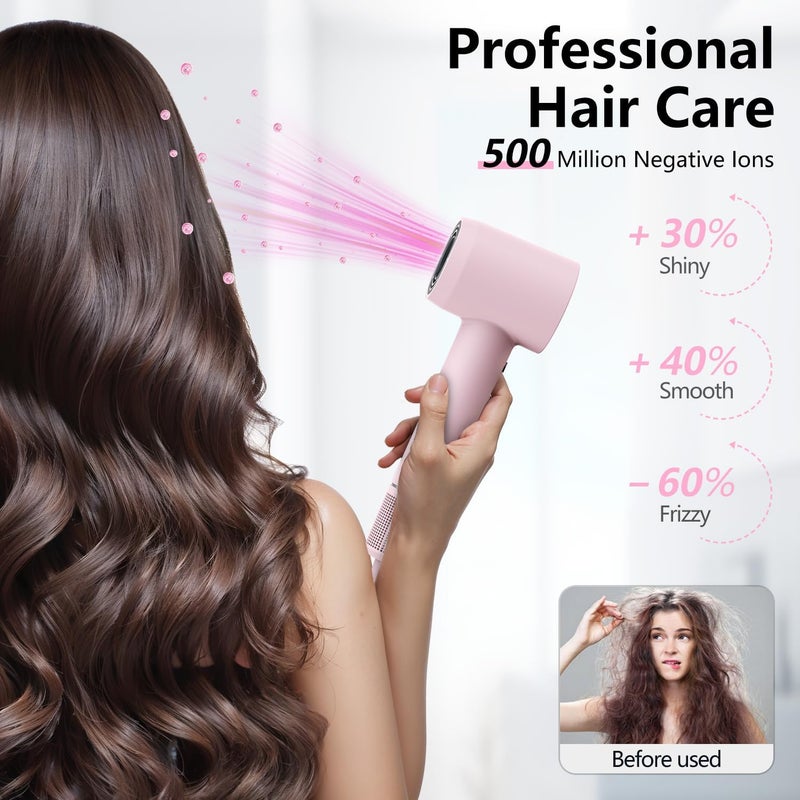 Alloom Hair Dryer, 160000 RPM Professional High-Speed Blow Dryer 500 Millions Negative Ionic Care Hair Dryer for Fast Drying, Low Noise Thermo-Control Hairdryer, Travel with Magnetic Diffuser & Nozzle, Pink - Image 3